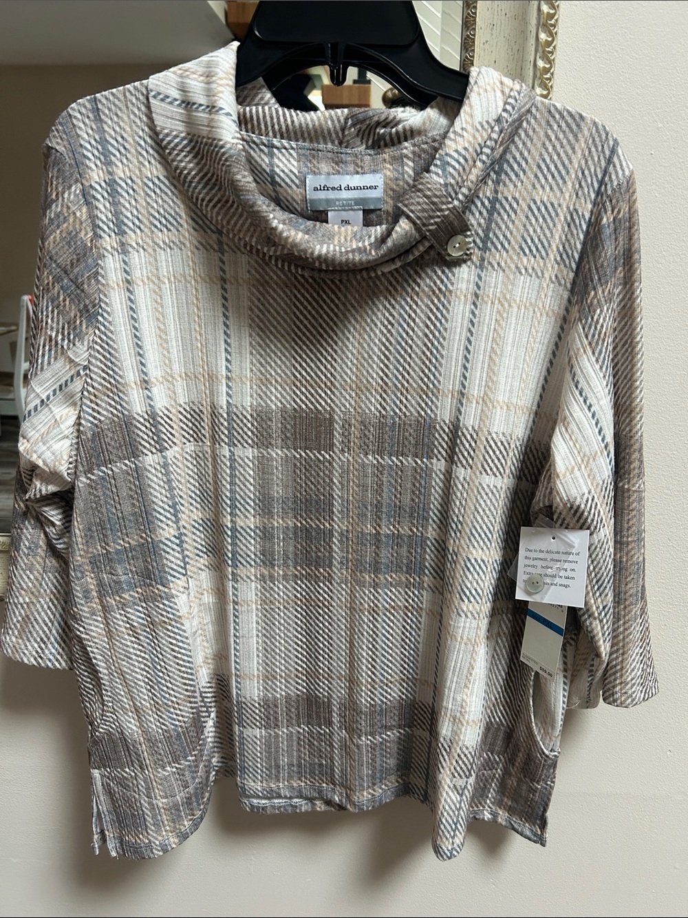 Alfred Dunner Neutral Plaid Cowl Neck Sweater with Button , pockets